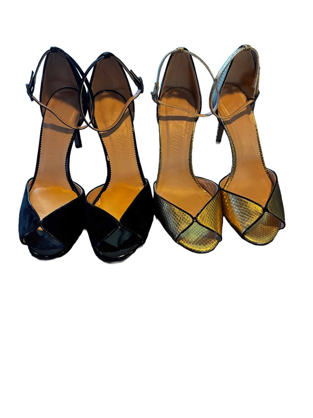 J.Crew Rylie Peep Toe Heels Bundle Black Velvet & Gold Italian Leather Size 7.5